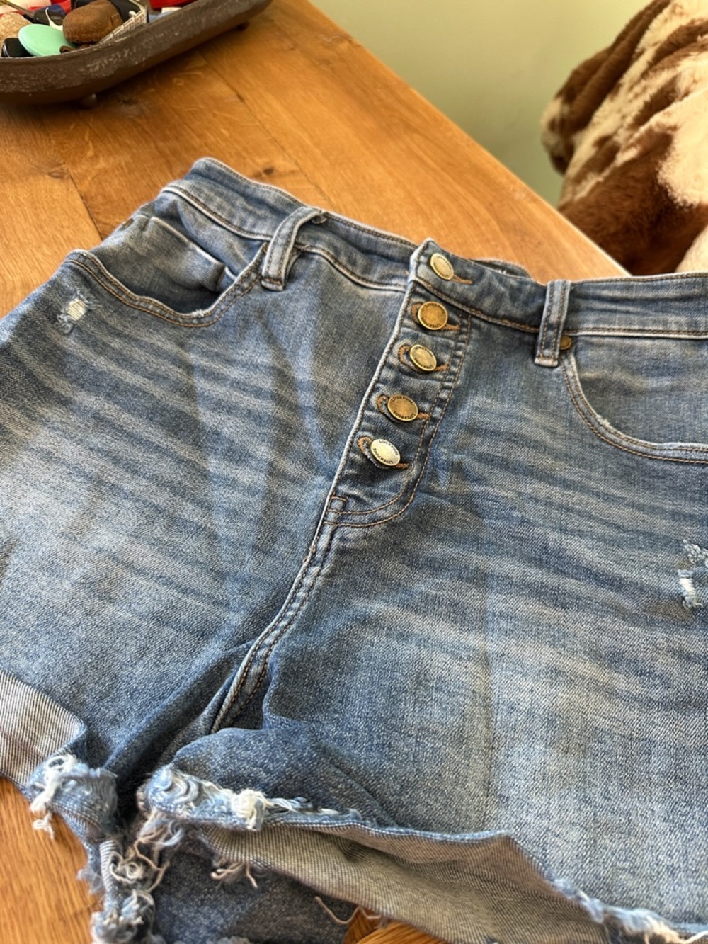 Liverpool Light Blue Distressed High-Rise Button-Fly Denim Shorts